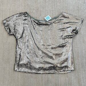 NWT Hayden Sequin Silver Metallic Cocktail Party Short Sleeve Blouse Top M